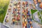 Aerial view of huge area with stacked cargo containers at the port