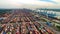 Aerial view of huge industrial port with containers and huge ship. Logistic. Shipping. Cargo