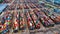 Aerial view of huge industrial port with containers and huge ship. Logistic. Shipping. Cargo. Transport