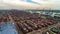 Aerial view of huge industrial port with containers and huge ship. Logistic. Shipping. Cargo. Transport