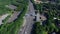 Aerial view of Humber bridge, single span road suspension bridge toll booth