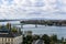 Aerial view of the hungarian city esztergom, slovakian city sturovo and danube river including spires of the church