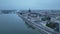 Aerial view of Hungarian Parliament Building, old historic tram and River Danube