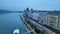 Aerial view of Hungarian Parliament Building, old historic tram and River Danube