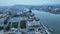 Aerial view of Hungarian Parliament Building, old historic tram and River Danube