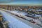 Aerial view of ice-covered sea canal cargo port of Saint Petersburg.