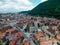 Aerial view of the iconic Black Church of Brasov, Romania, seen from above