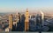 Aerial view of the iconic Sheikh Zayed road Skyscrapers and landmarks - Aerial view of Dubai city at sunset - Gevora Hotel view