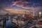 Aerial view of the illuminated Berlin skyline and Spree river during beautiful sunset