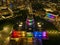 Aerial view of the illuminated Providence RI State House in rainbow colors for Pride Month