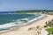 Aerial view of Indian Ocean and white sandy beaches in the town center of Durban, South Africa