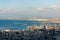 Aerial view industrial cargo port with ships and cranes