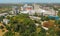 Aerial view of industrial cityscape with factory buildings, dron