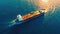 Aerial view of industrial crude oil and fuel tanker ship cruising deep blue open ocean sea. Generative Ai
