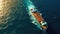 Aerial view of industrial crude oil and fuel tanker ship cruising deep blue open ocean sea. Generative Ai