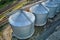 Aerial view of industrial ventilated silos for long term storage of grain and oilseed. Metal elevator for wheat drying