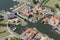 Aerial view inner harbor Dutch village Workum with traditional shipyard