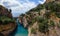 Aerial view inside bay of Fiordo di furore beach. Incredible beauty panorama of a mountains paradise. The rocky seashore of