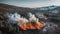 Aerial view of intense forest fire. Burned pine forest at wildfire.