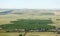 An aerial view of irrigated farmland.