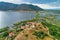 Aerial view of island of Agios Achilios in lake Small Prespes