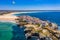 Aerial view of island Baleal naer Peniche on the shore of the ocean in west coast of Portugal. Baleal Portugal with incredible