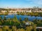 Aerial view of island Cisarska louka - Imperial Meadow in Prague to Podoli