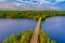 Aerial view of the island of Rapeikko and Ihantsalo on a blue lake Saimaa. Landscape with drone. Blue lakes, islands and green