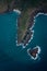 An aerial view at an island and a small heart-shaped rock island in Whitsundays in Australia