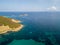 Aerial view of the islands of Finocchiarola, Mezzana, A Terra, Peninsula of Cap Corse, Corsica, France. Tyrrhenian Sea. Sailboats