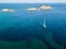 Aerial view of the islands of Finocchiarola, Mezzana, A Terra, Peninsula of Cap Corse, Corsica, France. Tyrrhenian Sea. Sailboats