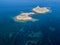 Aerial view of the islands of Finocchiarola, Mezzana, A Terra, Peninsula of Cap Corse, Corsica, France. Tyrrhenian Sea. Sailboats