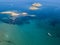 Aerial view of the islands of Finocchiarola, Mezzana, A Terra, Peninsula of Cap Corse, Corsica, France. Tyrrhenian Sea. Sailboats