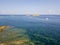 Aerial view of the islands of Finocchiarola, Mezzana, A Terra, Peninsula of Cap Corse, Corsica, France. Tyrrhenian Sea. Sailboats