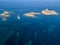 Aerial view of the islands of Finocchiarola, Mezzana, A Terra, Peninsula of Cap Corse, Corsica, France. Tyrrhenian Sea. Sailboats