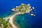 Aerial view of Isola Bella beach in Taormina, Sicily