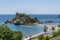 Aerial view of Isola Bella island and beach - Taormina, Sicily, Italy