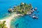 Aerial view of Isola Bella small island near Taormina, Sicily, Italy