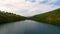 Aerial view of Ivanovskie lakes, waterfall, glacier after rain and before sunset, Republic of Khakassia. Russia