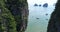 Aerial view of James Bond island and beautiful limestone rock formations in the sea
