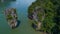 Aerial view of James Bond island and beautiful limestone rock formations in the sea