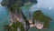 Aerial view of James Bond island and beautiful limestone rock formations in the sea