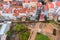 Aerial view of Jardim de Cerca da Graca, a panoramic park with cafe and play area over Lisbon old town skyline, Lisbon, Portugal