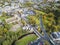 Aerial view of Jedburgh in autumn with the ruins of Jedburgh Abbey in Scotland