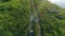 Aerial view, joyful boy with girlfriends with colored ribbons in hands run at meadow along river