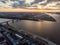 Aerial view of Kanavinsky bridge next to a confluence of Oka and Volga rivers