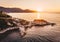 Aerial view of Karnagio Beach at sunset in Thasos, Greece