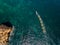 Aerial view, kayak boats in a row, sailing in Lagos Bay Ponta de Piedade.