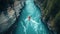 Aerial View of A Kayaker Paddling The Rapids of a Beautiful Mountain River. Generative AI