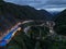 Aerial view of Kelok 9 bridge at dusk. A popular bridge in Sumatra to commute between cities